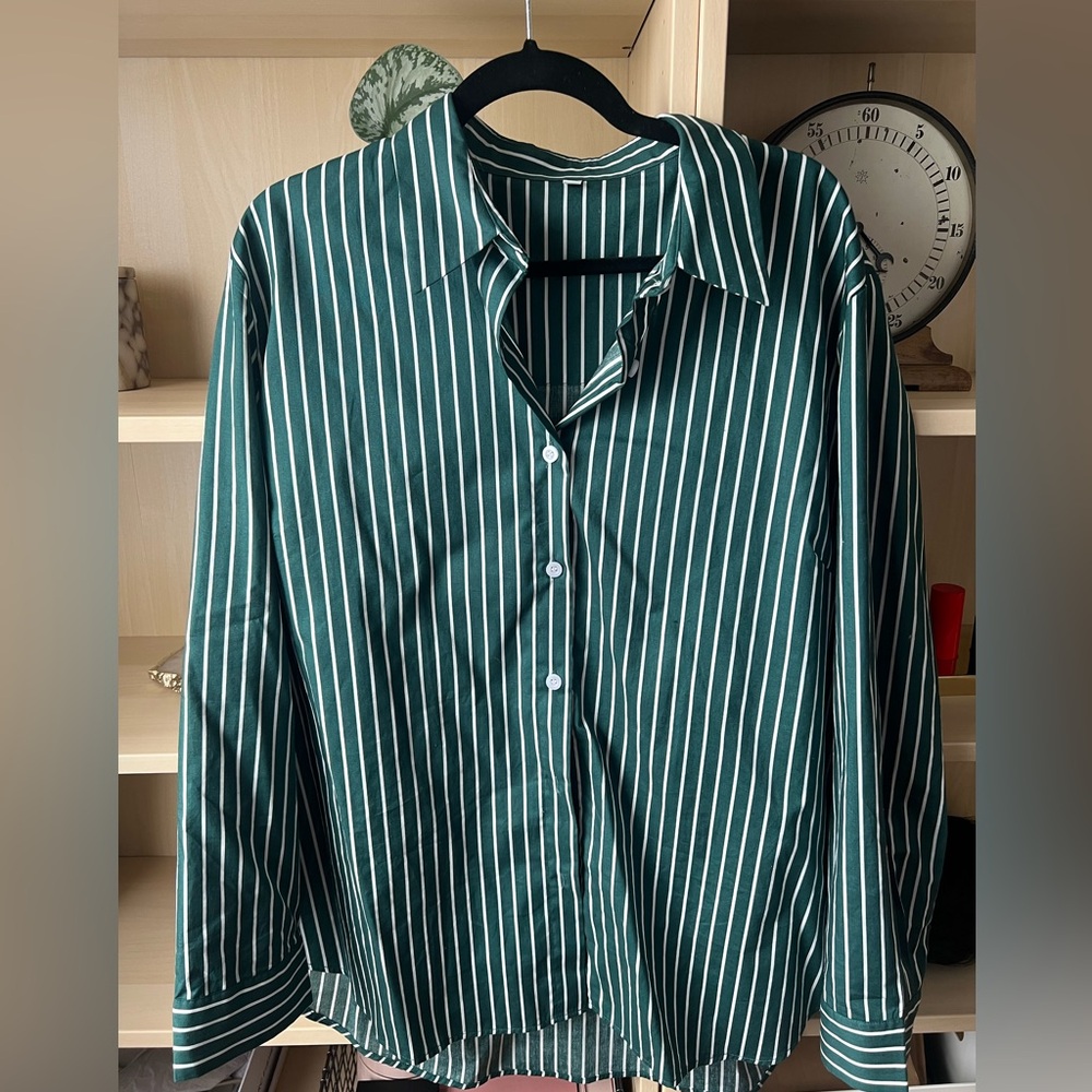 Green Striped cotton button up Top